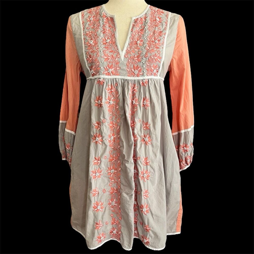 KAS Designs Boho Embroidered Tunic Top Size S Gypsy Cottage Artsy Floral Dress